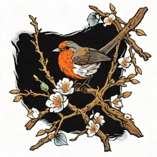 almond blossom branch and robin bird tattoo design idea