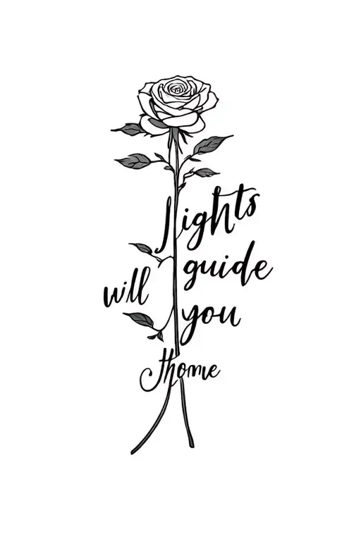 "Lights will guide you home" rose head with writing for stem tattoo design idea