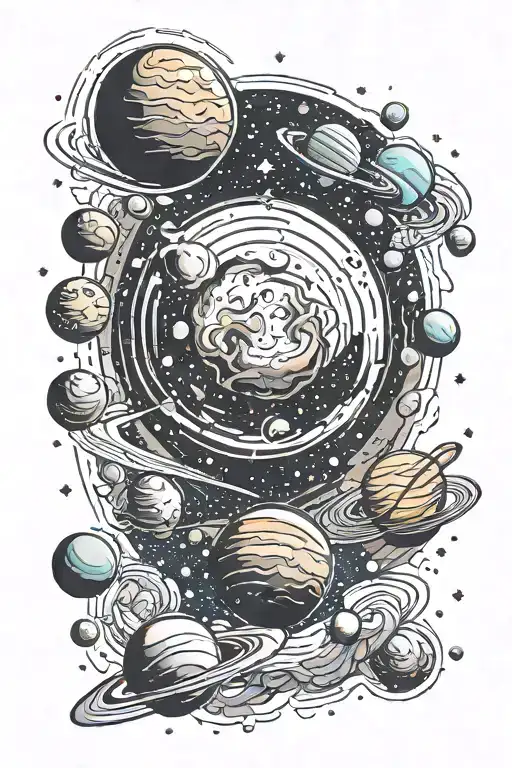 space with galaxy filled with stars with planets  tattoo design idea