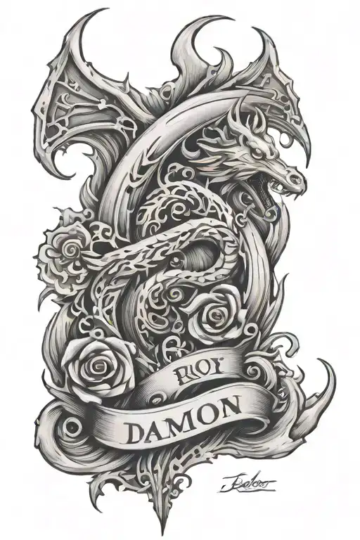 fire with the name damion roy tattoo design idea