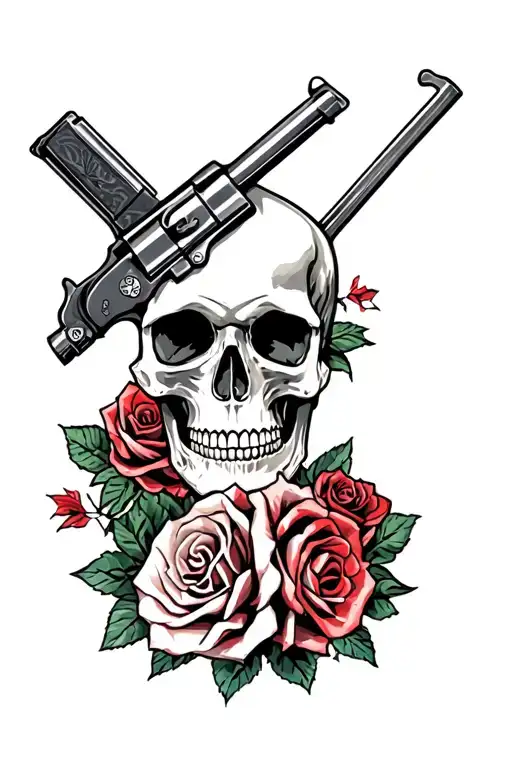 rebel flag , gun and roses skull surrounded tattoo design idea