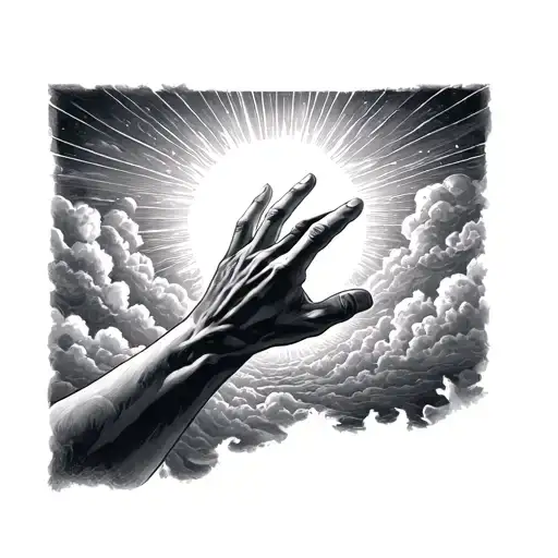 A hand (God-like) reaching down from clouds creating the first ray of light, casting light on the dark land tattoo design idea
