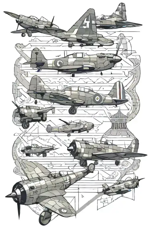 A geometric representation of British army WW2 imagery such as soldiers, tanks, and aircrafts, artistically arranged for a leg tattoo tattoo design idea