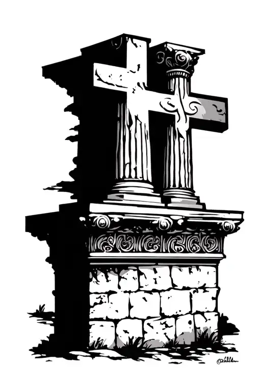 Jerusalem cross on stone with Greek columns  tattoo design idea