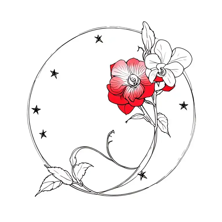 red rose intertwined with stars forming with a white orchid tattoo design idea