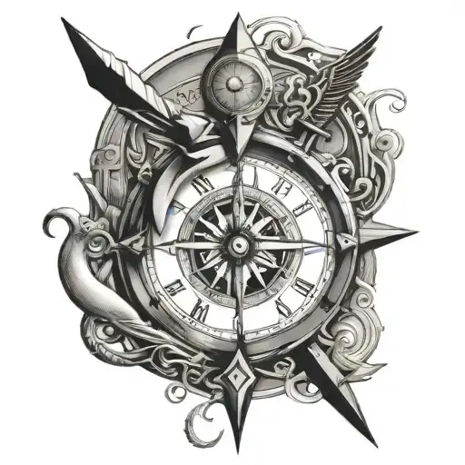 and eye of horus and a compass mixed with a clock with a dagger tattoo design idea