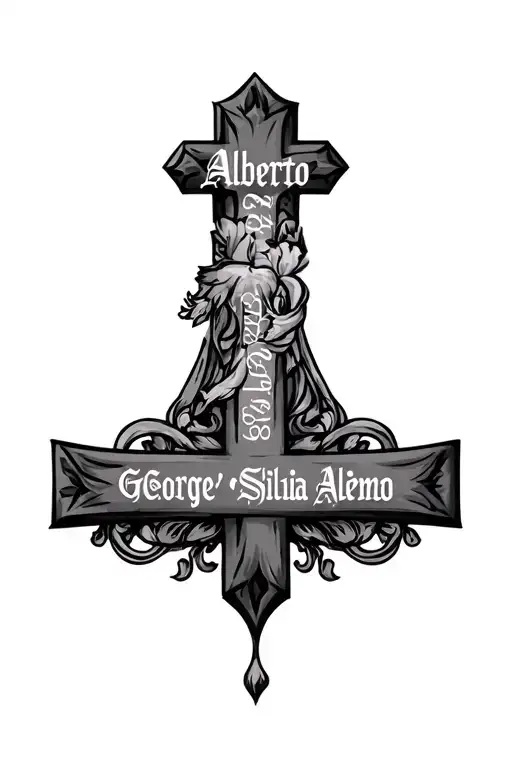 cross with the names Alberto, Silvia, Alma, Rosie, George and Cheno tattoo design idea