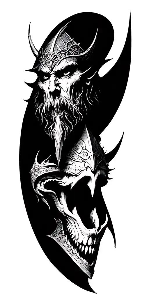 Blackwork style tattoo from the shoulder to the wrist, with three figures: above the Witch King, below Sauron and mouth of s tattoo design idea