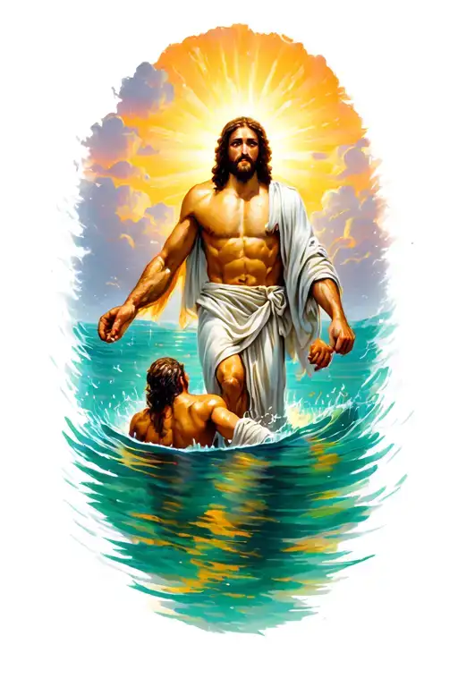 Scene from the Bible where Jesus rescues Peter from sinking into it. Into the water. tattoo design idea