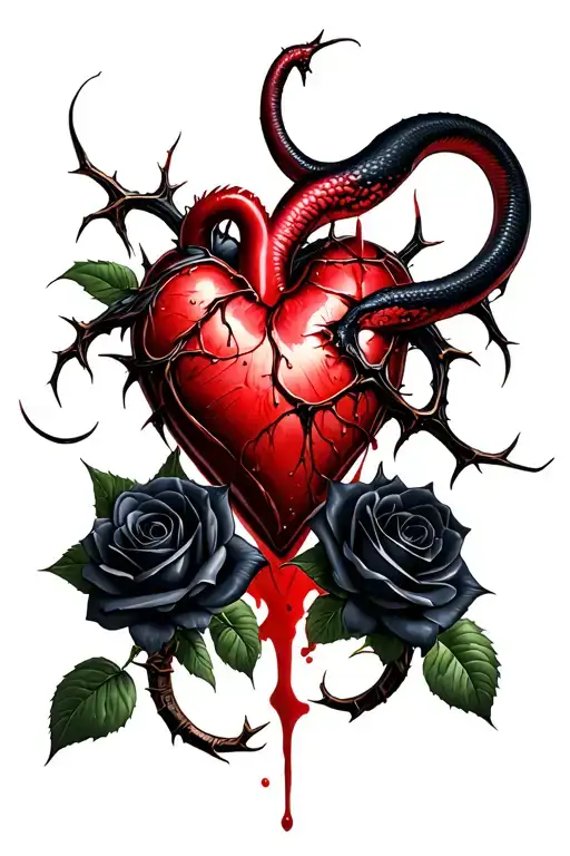 realistic bleeding heart ensnared by two black roses with thorns. Dagger piercing through the heart. Black mamba rising tattoo design idea