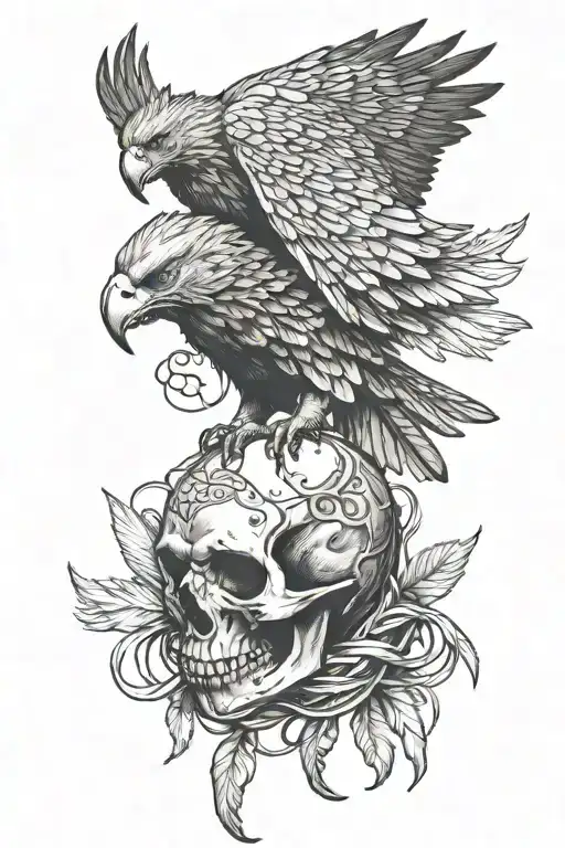 buffalo skull and a eagle father wrapped in ribbon. add a bear paw and a braid of sweetgrass  tattoo design idea