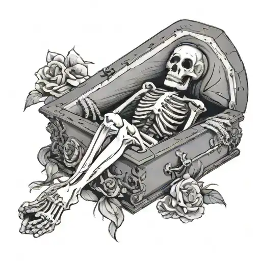 a coffin . inside the coffin is a girl hugging a skeleton  tattoo design idea