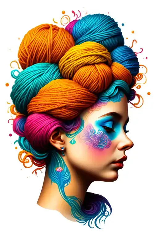 female face side profile with yarn exploding from top of head depicting tangled thoughts  tattoo design idea