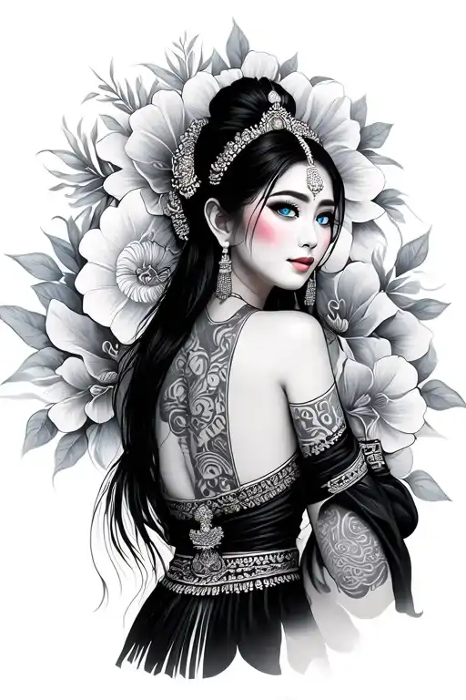 traditional Thai woman posing in traditional Thai fashion with blue eyes and black hair tattoo design idea