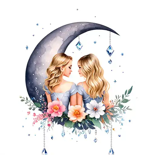 flowers, two blonde, sisters, sitting backwards on grey crescent moon, diamonds and gems hanging, stars tattoo design idea