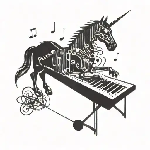A robotic unicorn playing a computer keyboard, surrounded by musical notes and inspired by Tim Burton's dark and whimsical style tattoo design idea