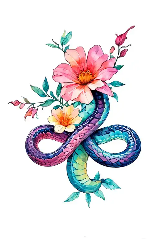 2 snakes entwined flowers wrapped tattoo design idea