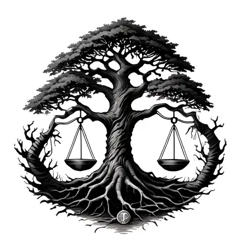 tree of life growing around a Libra scales with Gemini and Pisces in the balance and Scorpio around the roots tattoo design idea