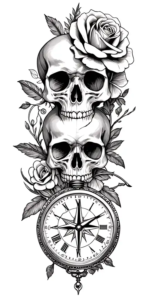 skull, roses, compass, pocket watch, 3 dates for children, feather tattoo design idea