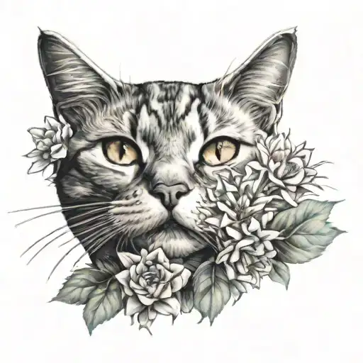 Cat and flowers tattoo design idea