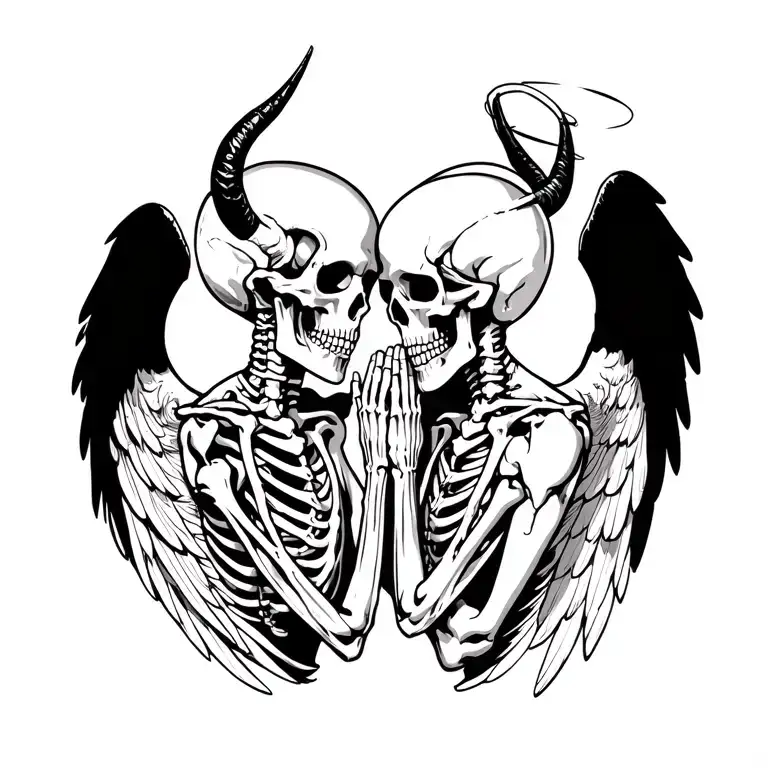 side profile of identical praying skeletons one is a demon with wings and horns  the other an angel with wings and halo  tattoo design idea