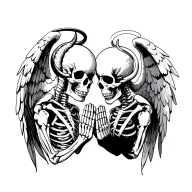 side profile of identical praying skeletons one is a demon with wings and horns  the other an angel with wings and halo  tattoo design idea
