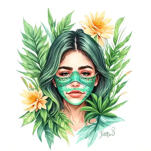 Mask sad and happy, female with plants tattoo design idea