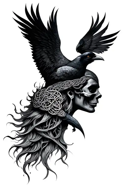 Celtic goddess head with crows and skulls tattoo design idea