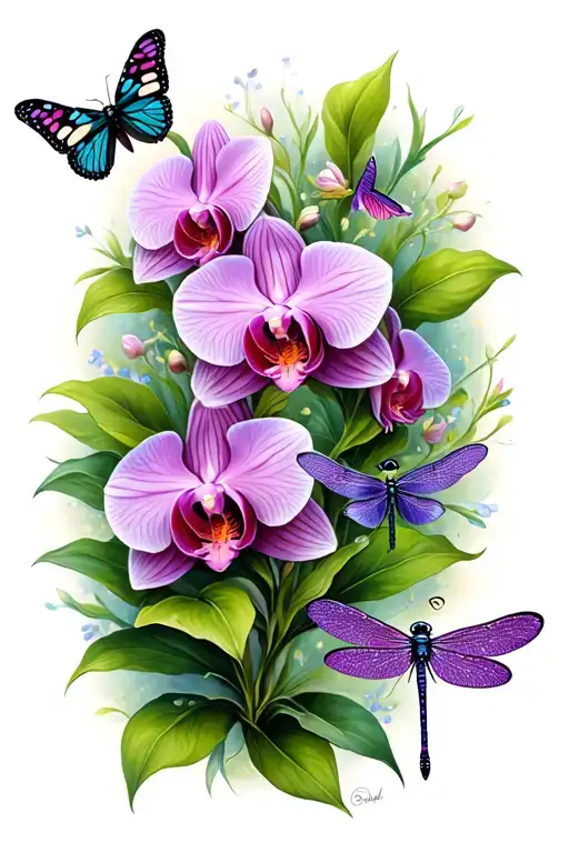 A traditional tattoo of a mother orchid surrounded by her butterfly and dragonfly children tattoo design idea