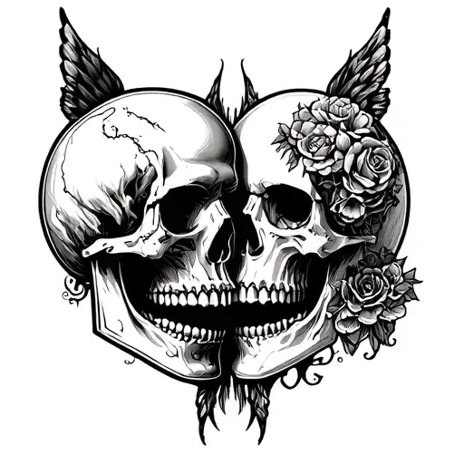 titty's and skulls facing each other tattoo design idea
