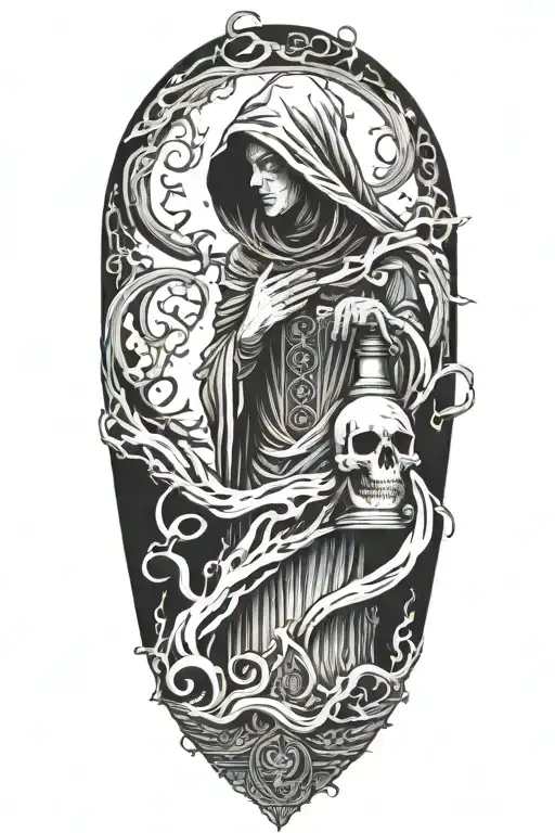 Dark labyrinth, twisted and dark, hooded figure, hour glass with sand flowing upwards tattoo design idea