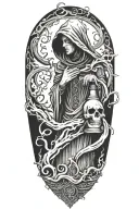 Dark labyrinth, twisted and dark, hooded figure, hour glass with sand flowing upwards tattoo design idea