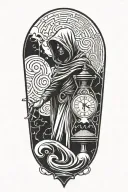 Dark labyrinth, twisted and dark, hooded figure, hour glass with sand flowing upwards tattoo design idea