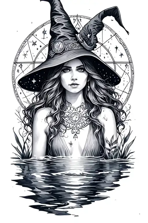 full sleeve, witch, stars, pentagramm, astrologic vibe, nature, water whole arm tattoo design idea