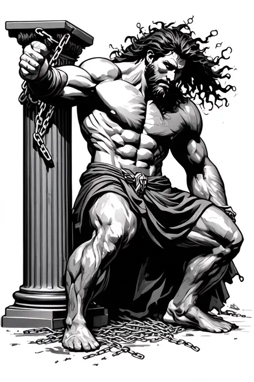 Samson pulling columns down with chains tattoo design idea