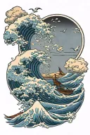 the great wave off Kanagawa with clouds sun and seagulls in the background tattoo design idea