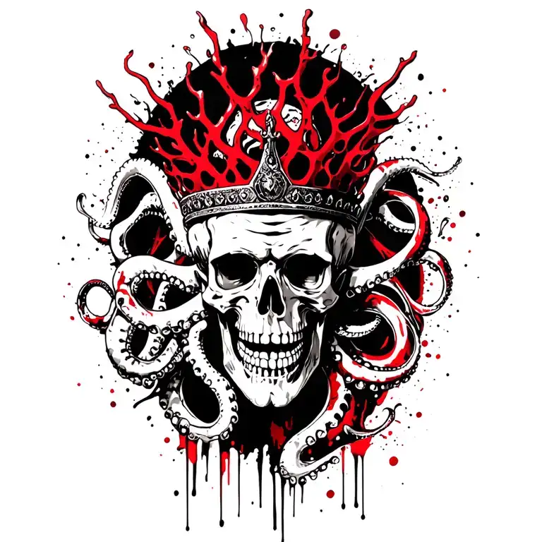 king of bones with a coral crown surrounded by tentacles, black background  tattoo design idea