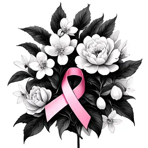 black and white weeping cherry tree, snowdrop flower and peony flower, with a pink breast cancer ribbon tattoo tattoo design idea