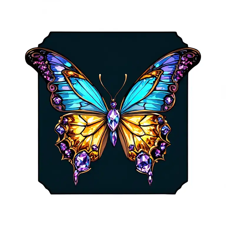 butterfly using citrine, alexandrite, sapphire, diamond, including names Ethan, Gunner, Justin, and Lucas tattoo design idea