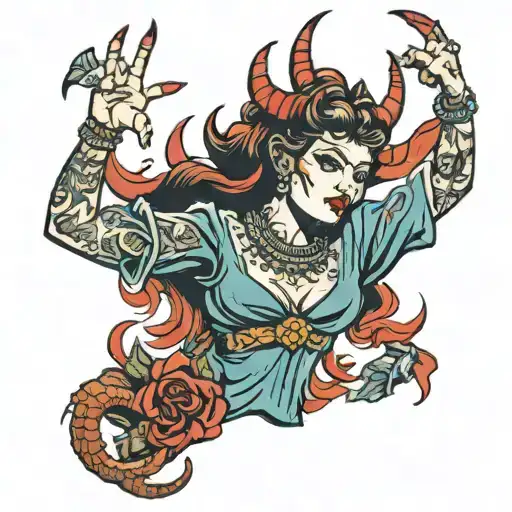 dancing with the devil horns woman tattoo design idea