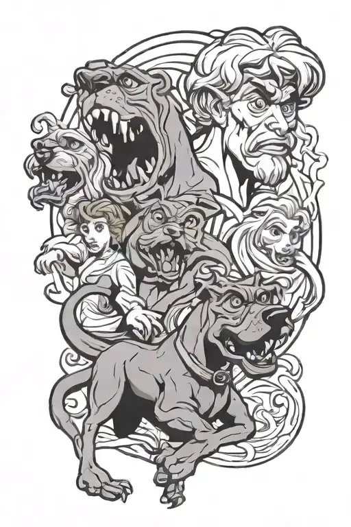 scooby doo with realistic greek mythology monsters lurking tattoo design idea