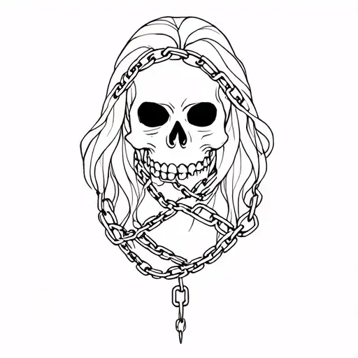 outline alice with skull face in chains wrapped tattoo design idea
