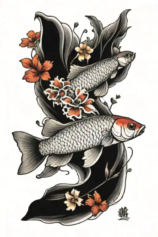 blood red arowana and butterfly koi fish with flowers tattoo design idea