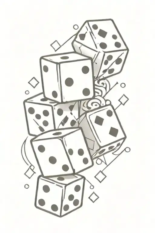 A Black and white  Tattoo Design Of A Dice and playing cards, With Lucky Symbols On Each Side,  tattoo design idea