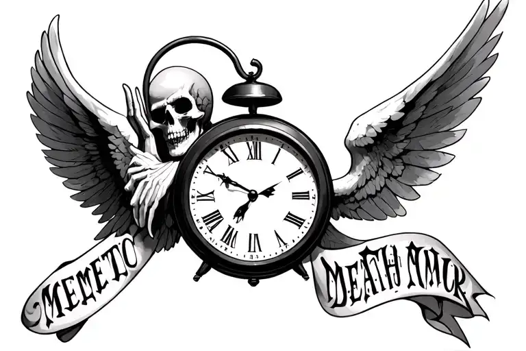 "MEMENTO MORI" death angel holding clock tattoo design idea