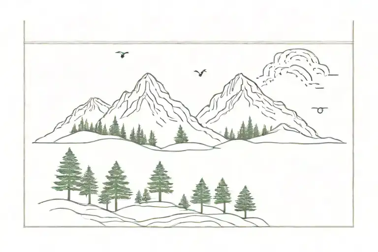 simple mountain with Dot shading and exactly 5 evergreen trees underneath tattoo design idea