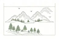 simple mountain with Dot shading and exactly 5 evergreen trees underneath tattoo design idea