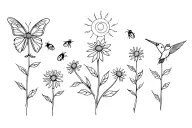 ladybugs, flowers, butterfly, sun, hummingbird, bees tattoo design idea