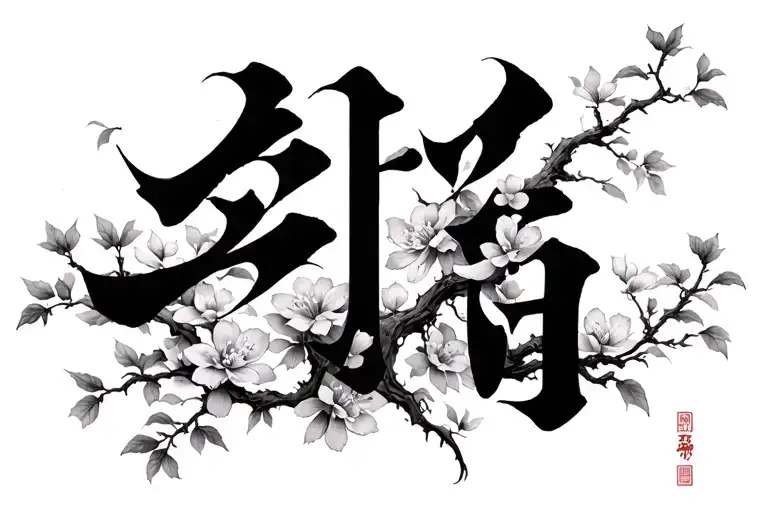the word "你回来了" in chinese with cherrry blosom tree growing tattoo design idea