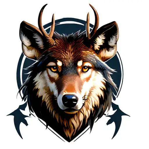 tengri symbol and a wolf head and a deer head tattoo design idea